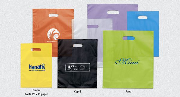 Bags & Totes - Promos4sale.com - Promotional Products, Promotional Items - Frosted color plastic bags with die cut handle and bottom gusset. Foil Imprint. 